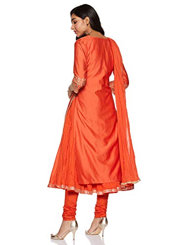 BIBA Women Synthetic YARNDYED FITTED SALWAR KURTA DUPATTA(SKDPRET COL6180_ORANGE_34)