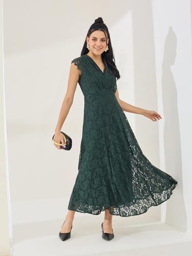 Latin Quarters Women's Green Cap Sleeve V-Neck Party A-Line Dress_M