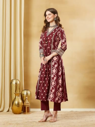 Divena Maroon Cotton V-Neck A-Line kurta Pant set With Dupatta