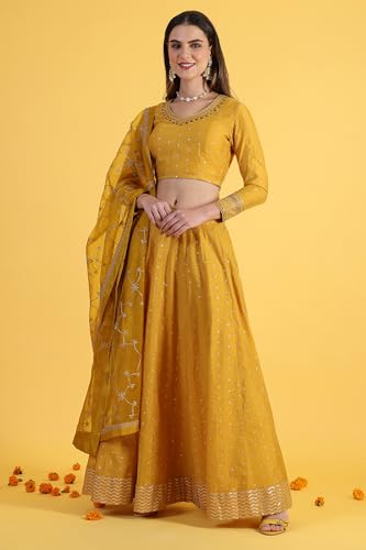 W for Woman Yellow Metallic Embroidery Crop Top & Skirt with Dupatta Set (Size: XL)-24AUWS31123-400772