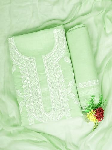 Ada Hand Embroidered Lucknowi Chikankari Unstitched Cotton Dress Material Suit Piece with Dupatta for Women 01A869347 Light Green