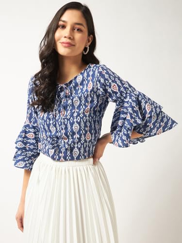 Pannkh Women's Ikat Printed Bell Sleeves Top Stylish Cotton Blouse with Ethnic Print and Flared Sleeves Perfect for Casual Wear