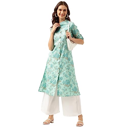 Divena Sea Green Floral Printed Cotton A-Line Kurta