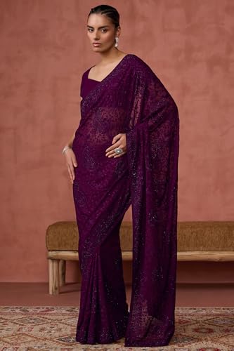 Soch Womens Wine Georgette Embroidered Saree