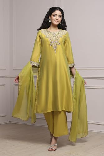 Biba Women Lime Green Chanderi Straight Dyed Suit Set_42