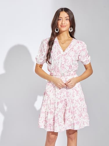 Latin Quarters Women Pink Floral Printed Mini A-Line Dress | V-Neck | Half Sleeves | Button Closure