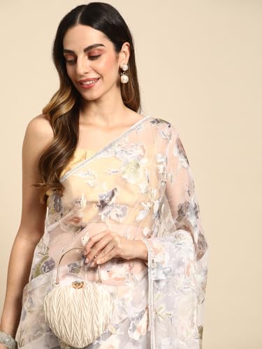 MOHEY Grey Organza Mirror Embroidered Saree for Women