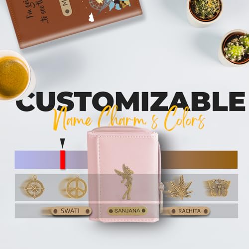 Mekhush Personalised Vegan Leather Mini Wallet with Customised Name and Charm for Ladies
