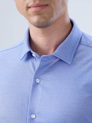 Park Avenue Men Slim Fit Structure Pattern Cotton Polyester Blend Short Collar Full Sleeve Round Hem Formal Shirt Medium Blue