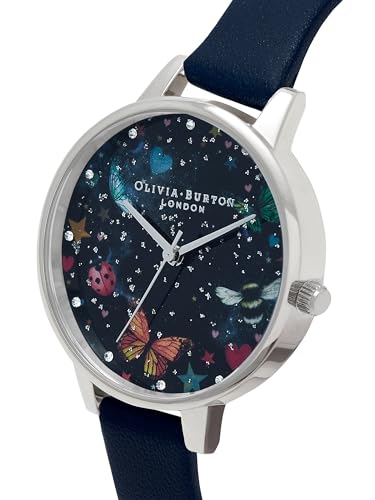 Olivia burton Night Garden Qtz Basic Slim White Mother of Pearl & 3D Print & Stone Round Dial Women's Watch|Navy Leather Material|Navy Color Band - OB16WG86