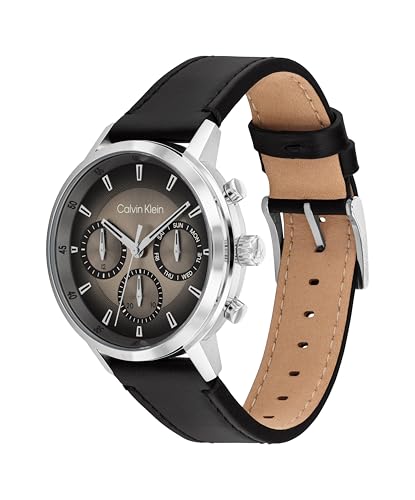 Calvin Klein Gauge Qtz Multifunction Sepia Round Dial Men's Watch|Black Leather Material|Black Color Band - 25200496