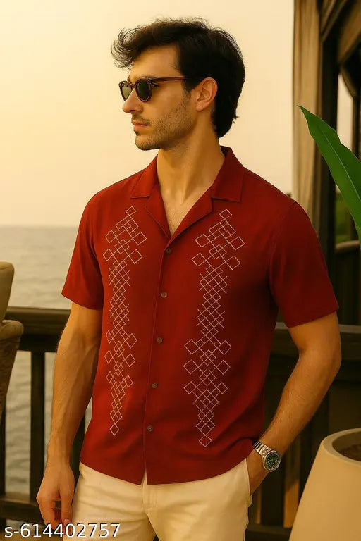 FTX Men Embroidered Polyester Lapel Collar Shirt