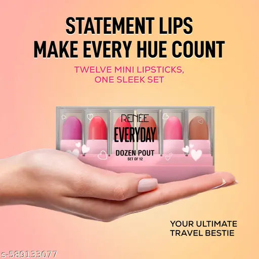 RENEE Everyday Dozen Pout Mini Lipsticks | Creamy Texture, Matte Finish, Long-Lasting | With Shea Butter, Almond Oil & Vitamin E | Hydrates & Softens Lips | Travel-Friendly, Set of 12 | 14.4 g