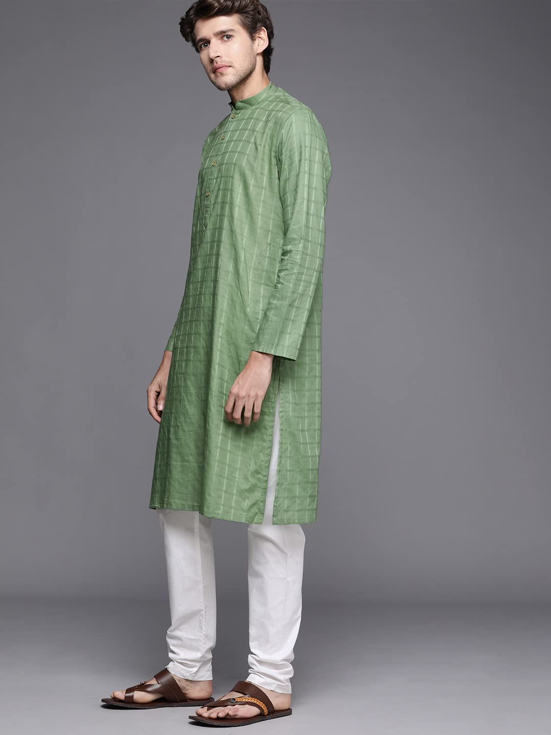 Manyavar Kurta Set for Men, Full-Sleeves Mandarin Collar Ethnic Kurta Set for Engagement, Wedding, Party Solid Kurta Set Blended Cotton (Green, XL)