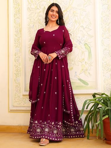 Fashion Basket Georgette Embroidered Anarkali Dress for Women Purple