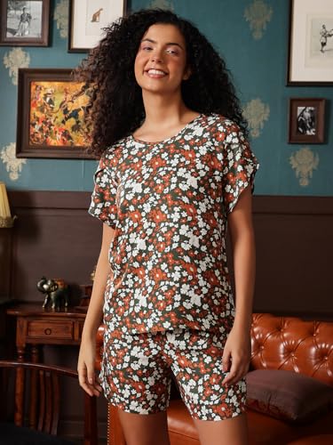 Clovia Women's Rayon Printed Top & Shorts Set (LS0768P17_Green_M)