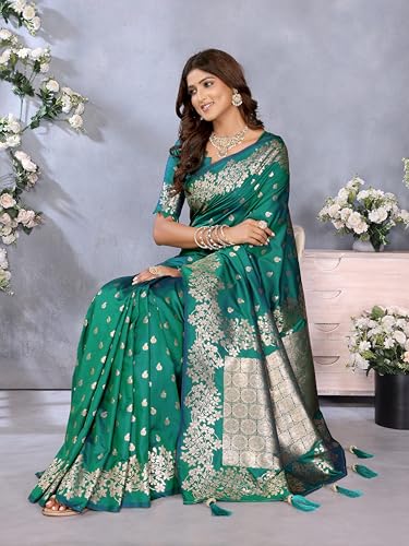 SGF11 Women's Kanjivaram Pure Soft Silk Saree With Unstitched Blouse Piece (Rama Green)