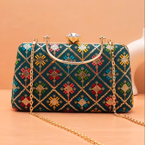 Artklim Dark Teal Based Sequins And Threadwork Embroidery Clutch Bag for Women
