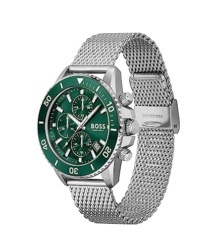 BOSS Admiral Qtz Fashion Chrono Green Round Dial Men's Analog Watch|Stainless Steel Material|Silver Color Band - 1513905