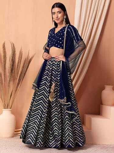 Zeel Clothing Women's Sequins Zari Embroidered Georgette Designer Lehenga Choli with Dupatta (7094-Blue-Womens-Lehenga-Choli-Latest; Free Size) (Blue)