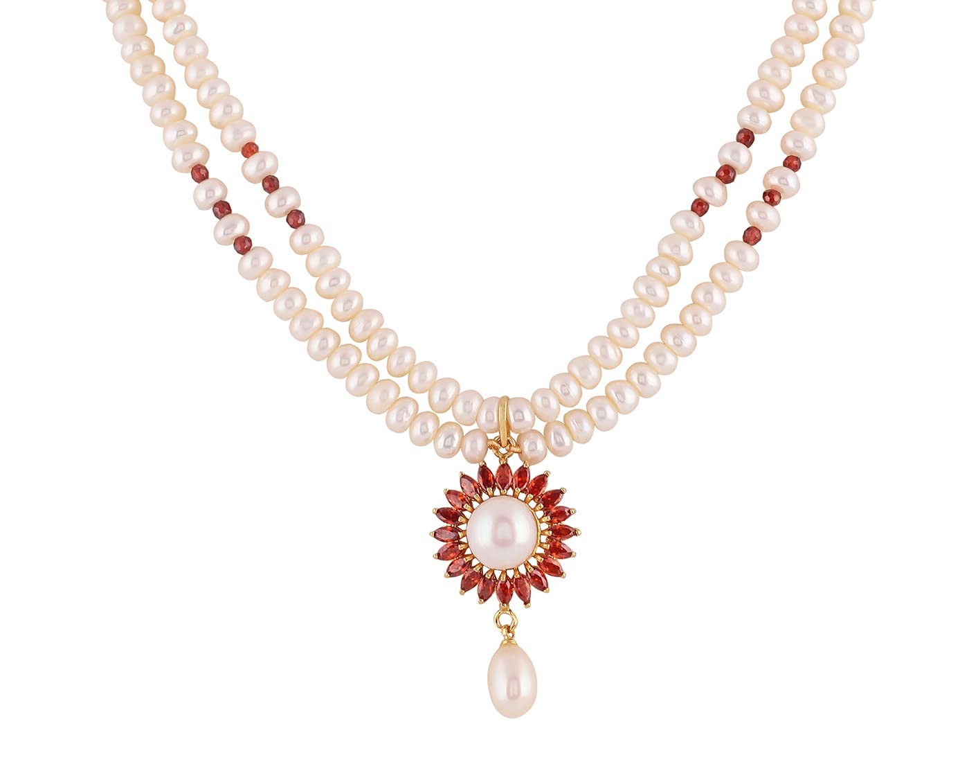 HYDERABAD JEWELS REAL NATURAL FRESH WATER DOUBLE LINE PEARLS SET FROM HYDERABAD FOR WOMEN (GARNET)
