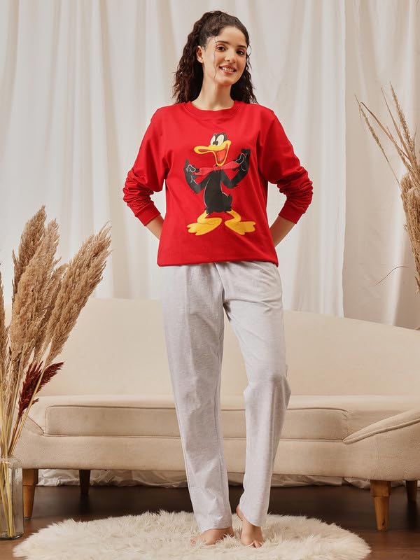 Clovia Women's Wintewear Terry Cotton Graphic Print Sweatshirt with Pyjama Set (COMLS0717_Red & Grey_L)