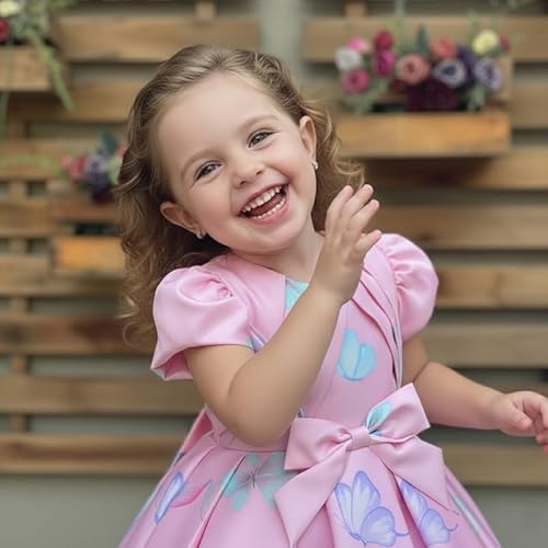 KIYOL Girls Puff Sleeve Butterfly Print Party Dress with Bow Design | Round Neck Flared Fit Kids Frock for Birthday, Wedding & Special Occasions -Pink Butterfly 5-6Y