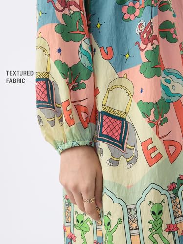 The Souled Store Textured Dress: Astral Bloom Women and Girls Long Sleeves V-Neck Graphic Printed Viscose Nylon Blend Relaxed Fit Lightweight Casual Tiered Smock Dress