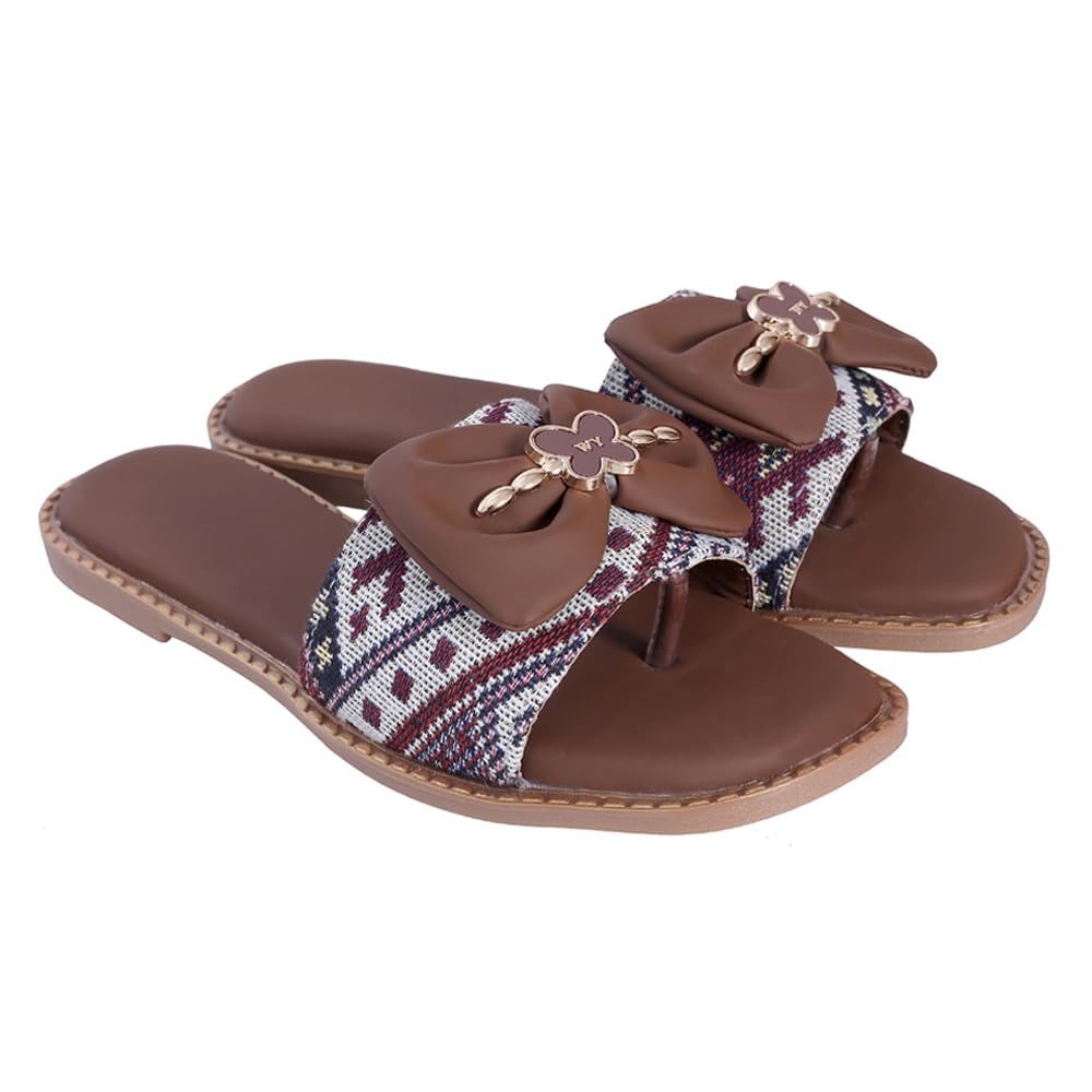 Pluxh Women's Ethnic Woven Crossover Flat Slide Sandals with Satin Bow, Metal Clover Charm & Gold Studded Sole | Casual Slip-On Sandals for Women & Girls|3UK