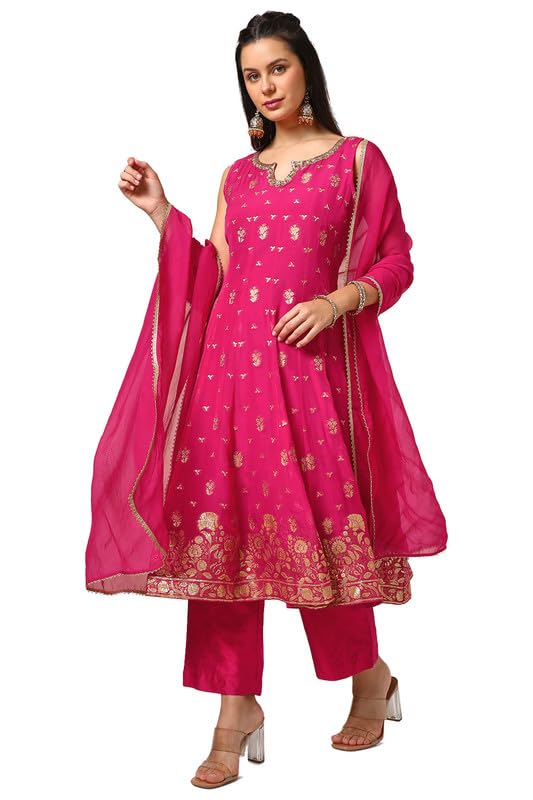 Soch Womens Fuchsia Organza Zari Woven Suit Set With Gotta Patti