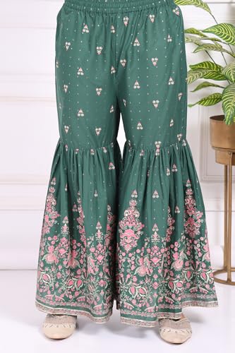W for Woman Green Floral Printed Cotton Straight Kurta with Sharara and Dupatta Set - (WS13741-127334-L)