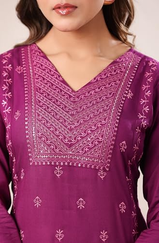Janasya Women's Purple Rayon Embroidered Straight Kurta (JAA25KR01984-M)