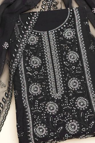 Soch Womens Black Organza Embroidered Unstitch Dress Material With Sequins
