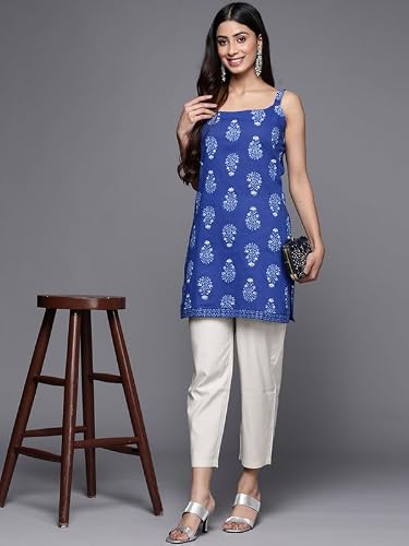 Ahalyaa Women's Cotton Regular Tunic Shirt (AHTUCOKHGL-8121-SS-25_Blue