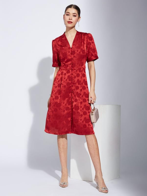 Latin Quarters Women Maroon V-Neck Half Sleeve Printed A-Line Dress_XL