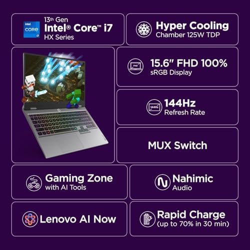 Lenovo LOQ, Intel Core i7 13th Gen 13700HX, NVIDIA RTX 5050 8GB, 16GB RAM, 1TB SSD, 15.6"(39.6cm), 144Hz, Windows 11, Office 2024, Grey, 2.4Kg, 83JE00U7IN, 440 AI Tops, 3 Mon. Game Pass Gaming Laptop
