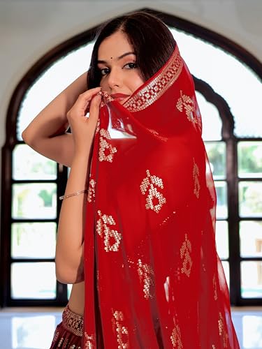 Zeel Clothing Women's Sequins Thread Embroidered Georgette Designer Semi-stitched Lehenga Choli Set With Dupatta (5116-Maroon-Wedding-Designer Free Size)