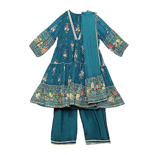 Biba Girls PRINTED TIRED KURTA KID(KW5449_TEAL_7)