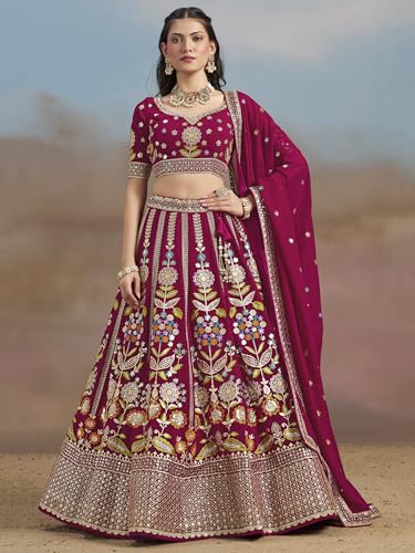 Zeel Clothing Women's Sequins Thread Embroidered Georgette Lehenga Choli With Dupatta (6008-Pink-Women-Lehenga-Choli-New; Free Size)(Pink)