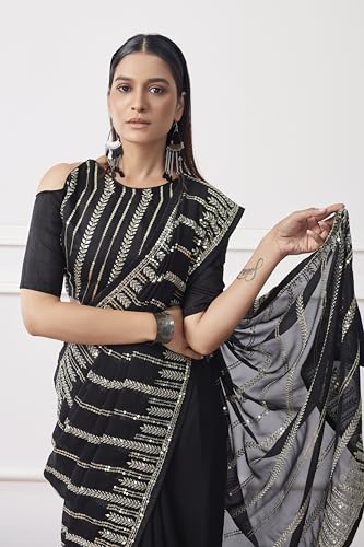 ORHANS Women's Georgette All-Over Fix Diamond Work Saree With Solid Printed And Art Silk Matching With Unstitched Blouse Piece |Saree For Office & College Party