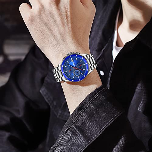 NIBOSI Ultra-Thin Minimalist Fashion Quartz Analog Sleek Mesh Stainless Steel Waterproof Chronograph Watch For Men With Auto Date Wrist Watch Boy's Husband Steel Strap (Blue)