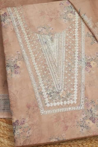 Soch Womens Beige Tissue Shimmer Floral Print Unstitch Dress Material With Sequins