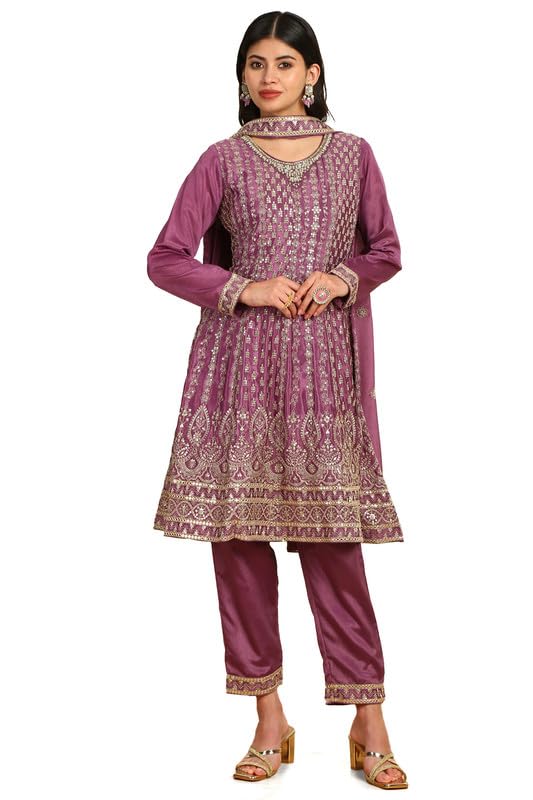 Soch Womens Purple Sequinned Embellished Chinon Suit Set with Dupatta