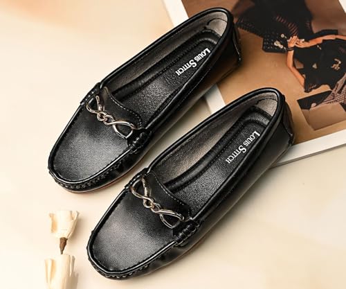 LOUIS STITCH Women's Black Premium Slip-On Loafers with Buckle | Elegant Solid Slip-On Comfort Shoes for Casual and Formal Wear | Slip-On Loafer Shoes for Women | LSLD-BLR-HS02 | UK-5