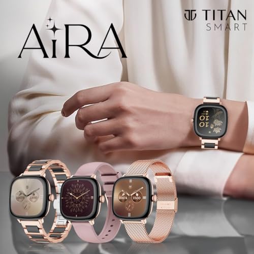 Titan AiRA 1.70" AMOLED Metal Case Square Display Smart Watch with Silicone Strap Stress Monitoring, 1000 Nits, Functional Crown, AI Enabled, IP68 Water Resistant Upto 7 Days Battery Life- Pink