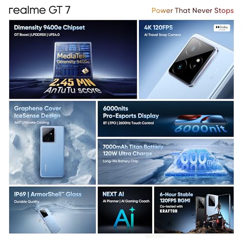 realme GT 7 (IceSense Blue,8GB+256GB) | India's 1st MediaTek Dimensity 9400e Chipset | Strongest Battery Combo 7000mAh + 120W | AI 4K 120FPS Travel Camera | 360° Cooling IceSense Design with Graphene