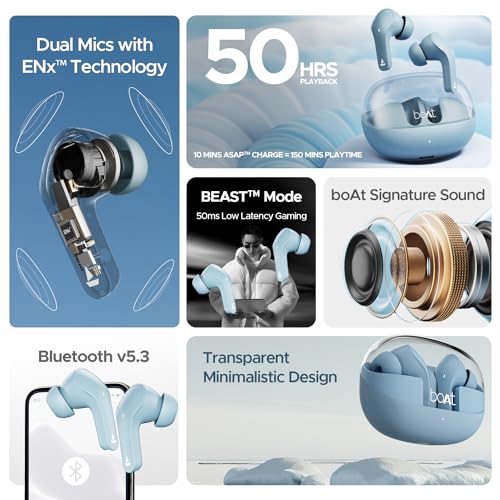 boAt Airdopes 311 Pro, 50HRS Battery, Fast Charge, Dual Mics ENx Tech, Transparent LID, Low Latency, IPX4, IWP Tech, v5.3 Bluetooth Earbuds, TWS in Ear Earbuds Wireless Earphones with mic (Dusk Blue)