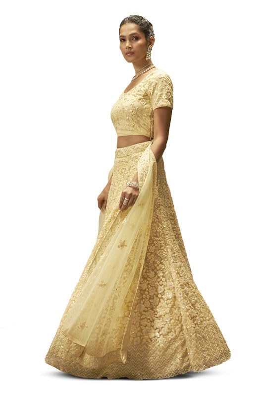 Soch Womens Yellow Net Floral Embroidered Sequin Embellished Unstitched Lehenga Set