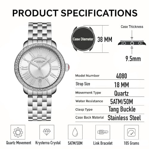 Stuhrling Original Celestia 4080 Women’s 38mm Quartz Watch – Crystal Bezel, Sunray Dial, Roman Numerals, Date Display, Stainless Steel Bracelet, Butterfly Clasp, Silver