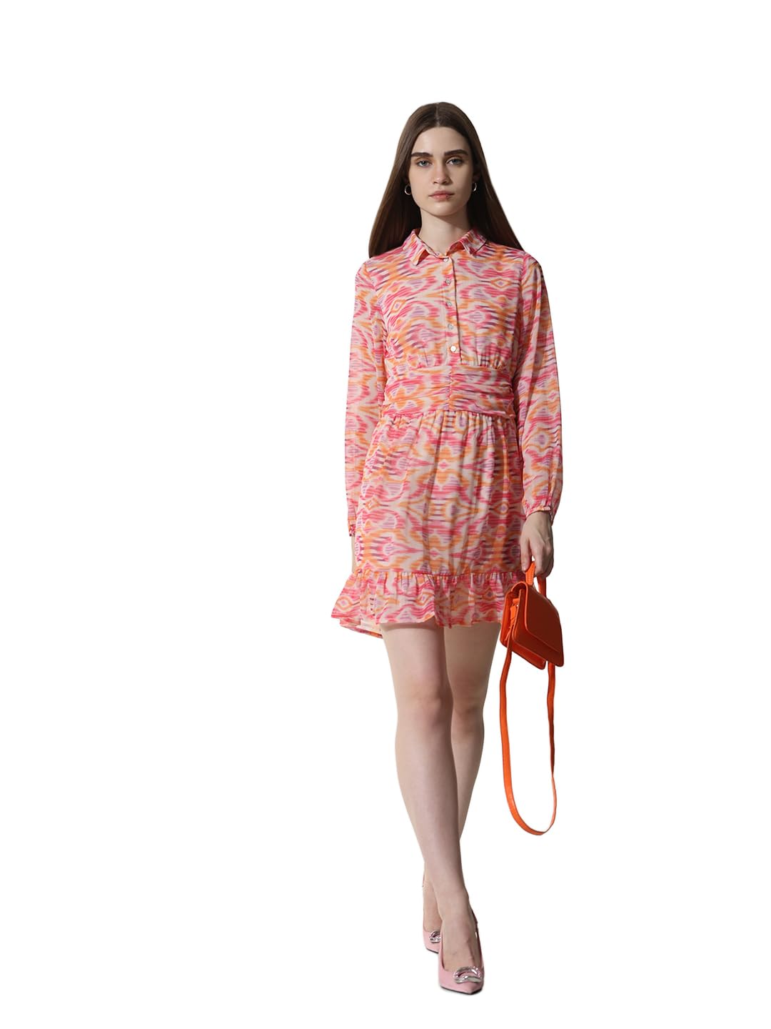 ONLY Women Printed Polyester Above Knee Pink Shirt Dress